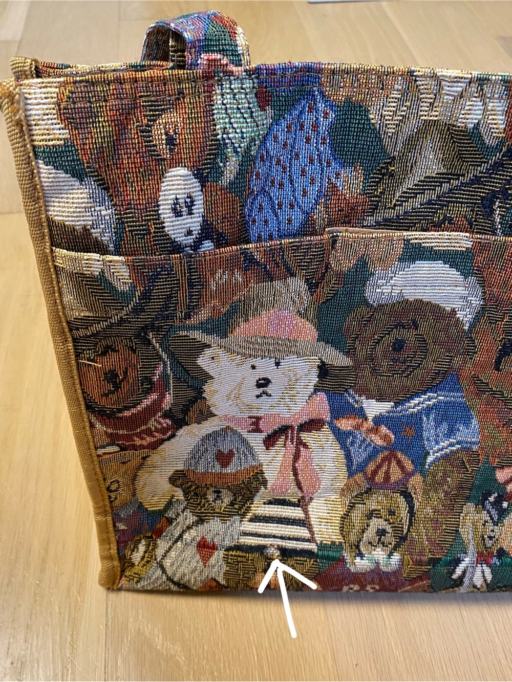Vintage 90s Tapestry Teddy Bear Tote Bag Grandmacore Cottage Woven Purse - Picture 12 of 16